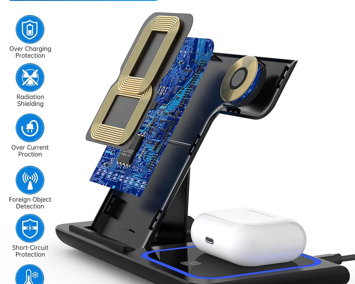 Wireless Charger, 18W Fast Iphone Charging Station for Iphone 16/15/14/13/12 /11/Pro Max/Plus, 3 in 1 Wireless Charging Stand for Iwatch Series SE 10/9/8/7/6/5/4/3, Airpods Pro/3/2 (W/ QC3.0 Adapter)