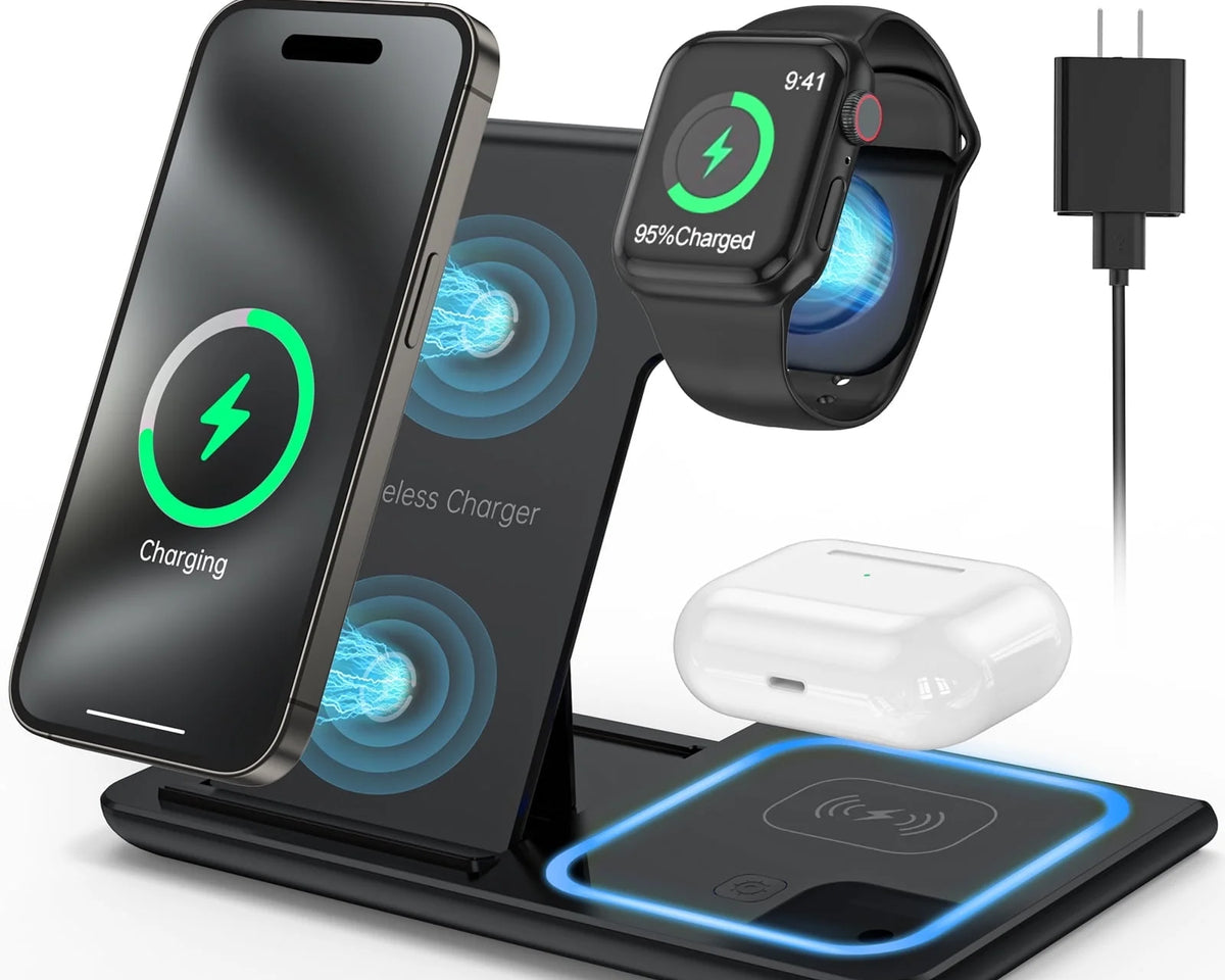 Wireless Charger, 18W Fast Iphone Charging Station for Iphone 16/15/14/13/12 /11/Pro Max/Plus, 3 in 1 Wireless Charging Stand for Iwatch Series SE 10/9/8/7/6/5/4/3, Airpods Pro/3/2 (W/ QC3.0 Adapter)