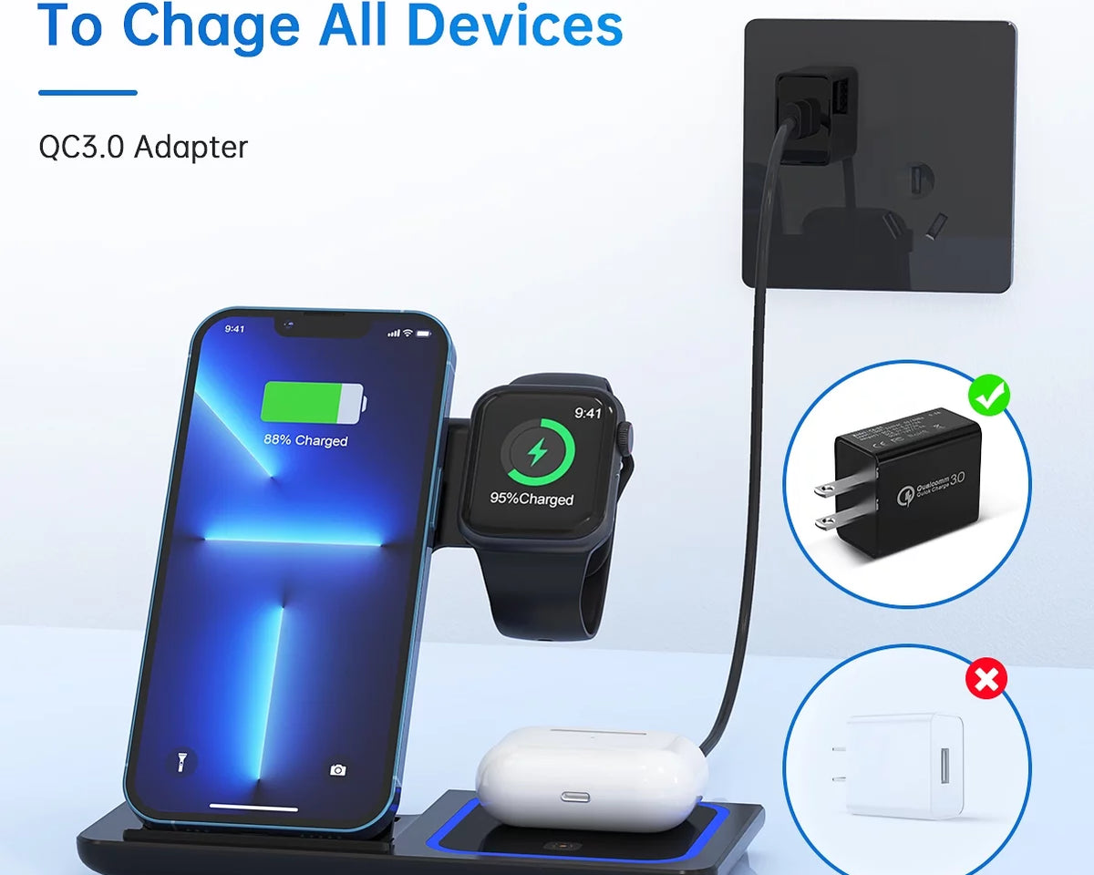 Wireless Charger, 18W Fast Iphone Charging Station for Iphone 16/15/14/13/12 /11/Pro Max/Plus, 3 in 1 Wireless Charging Stand for Iwatch Series SE 10/9/8/7/6/5/4/3, Airpods Pro/3/2 (W/ QC3.0 Adapter)