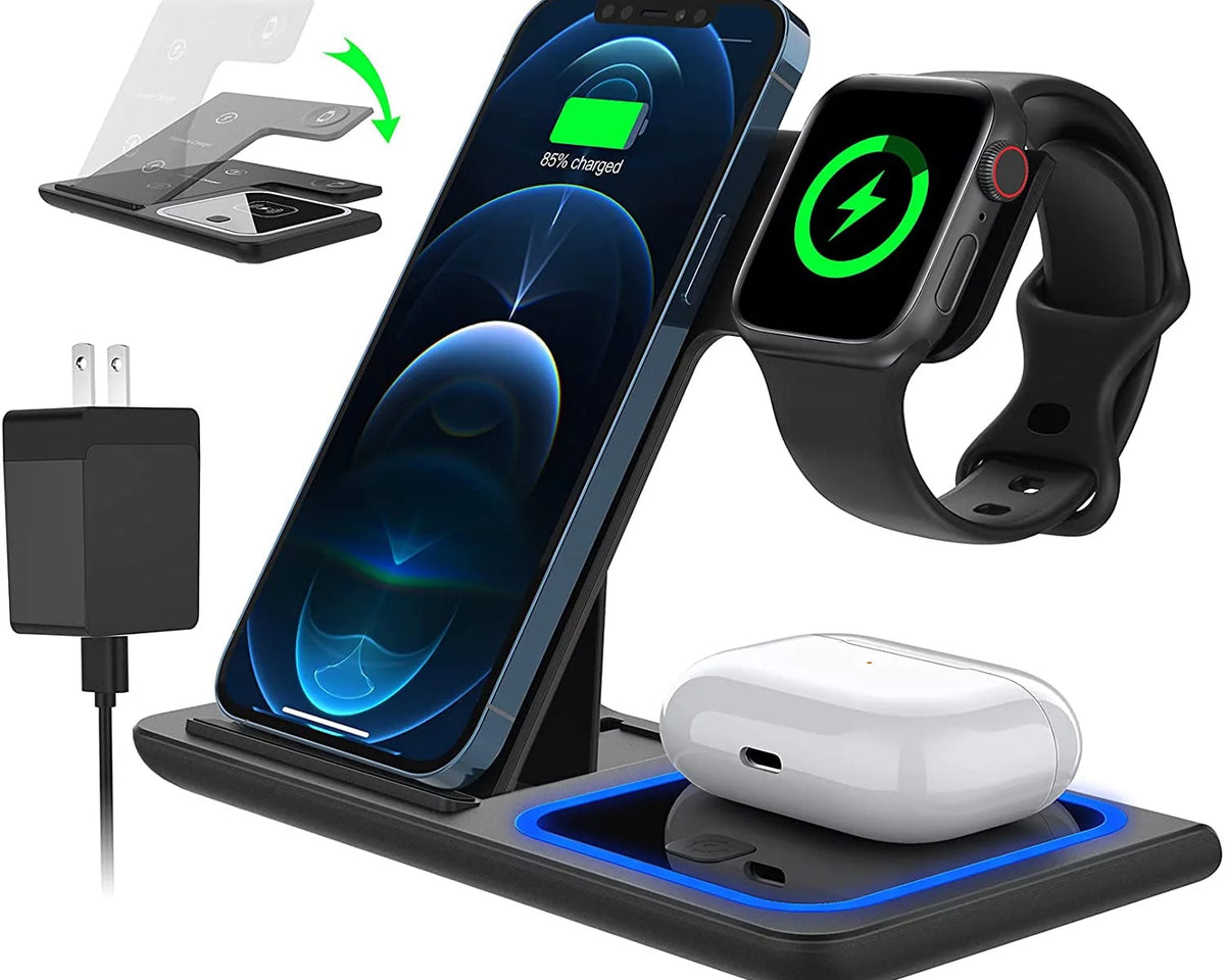 Wireless Charger, 18W Fast Iphone Charging Station for Iphone 16/15/14/13/12 /11/Pro Max/Plus, 3 in 1 Wireless Charging Stand for Iwatch Series SE 10/9/8/7/6/5/4/3, Airpods Pro/3/2 (W/ QC3.0 Adapter)