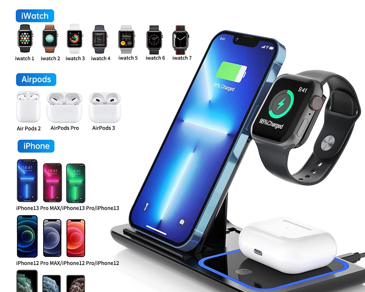 Wireless Charger, 18W Fast Iphone Charging Station for Iphone 16/15/14/13/12 /11/Pro Max/Plus, 3 in 1 Wireless Charging Stand for Iwatch Series SE 10/9/8/7/6/5/4/3, Airpods Pro/3/2 (W/ QC3.0 Adapter)